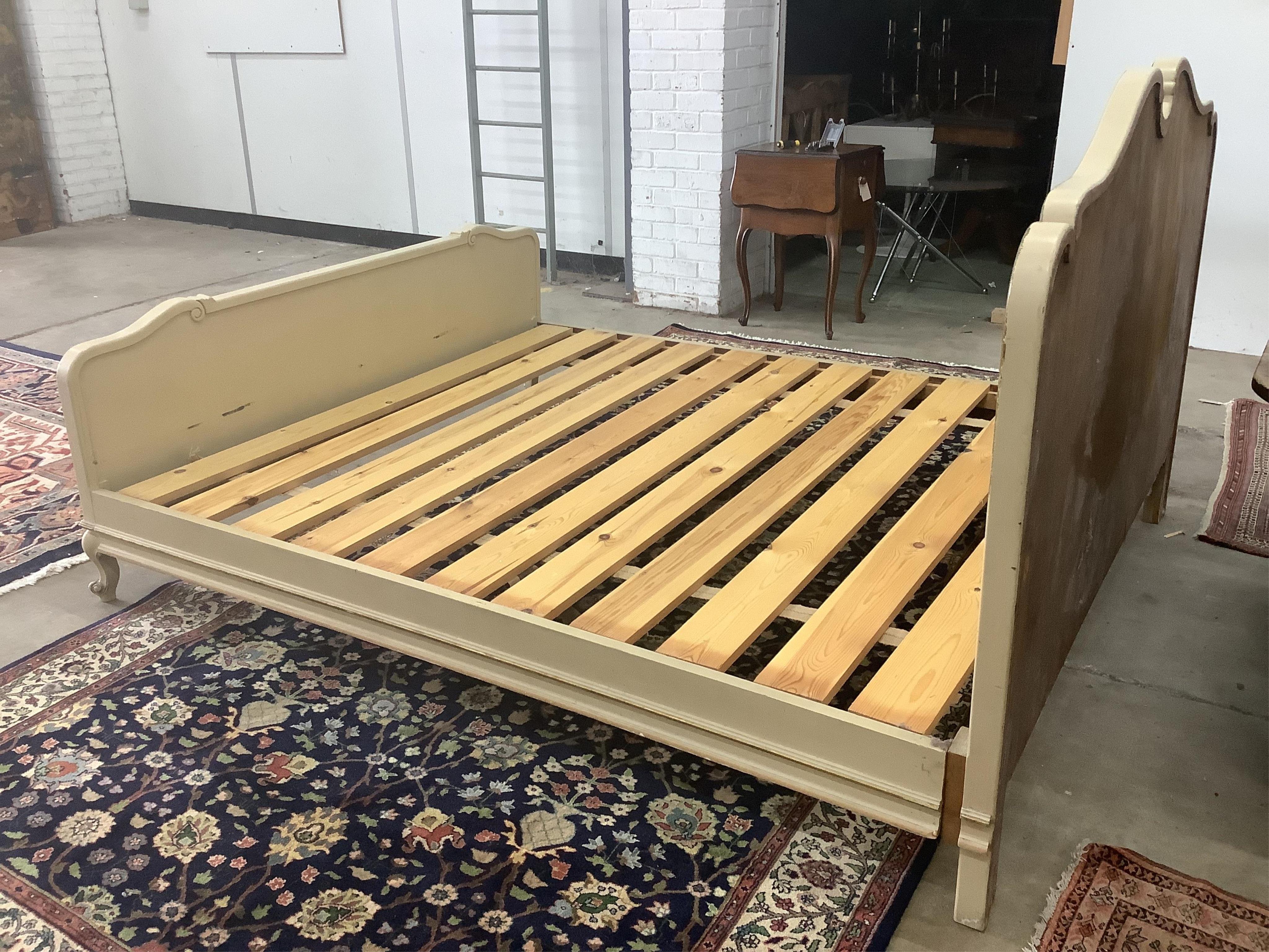 A Louis XVI style painted bed frame, width 171cm, length 201cm, height 120cm. Condition - fair